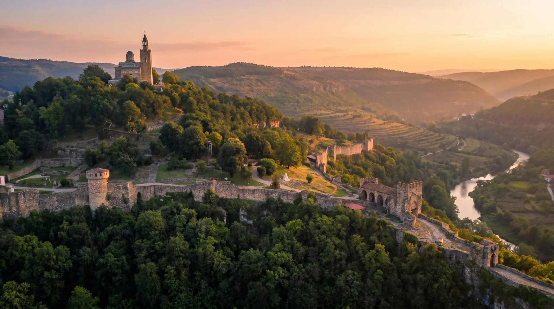 Fortress at dusk above the valley