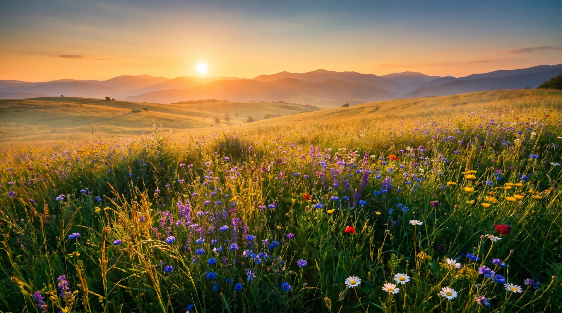 Family in golden meadow at sunset