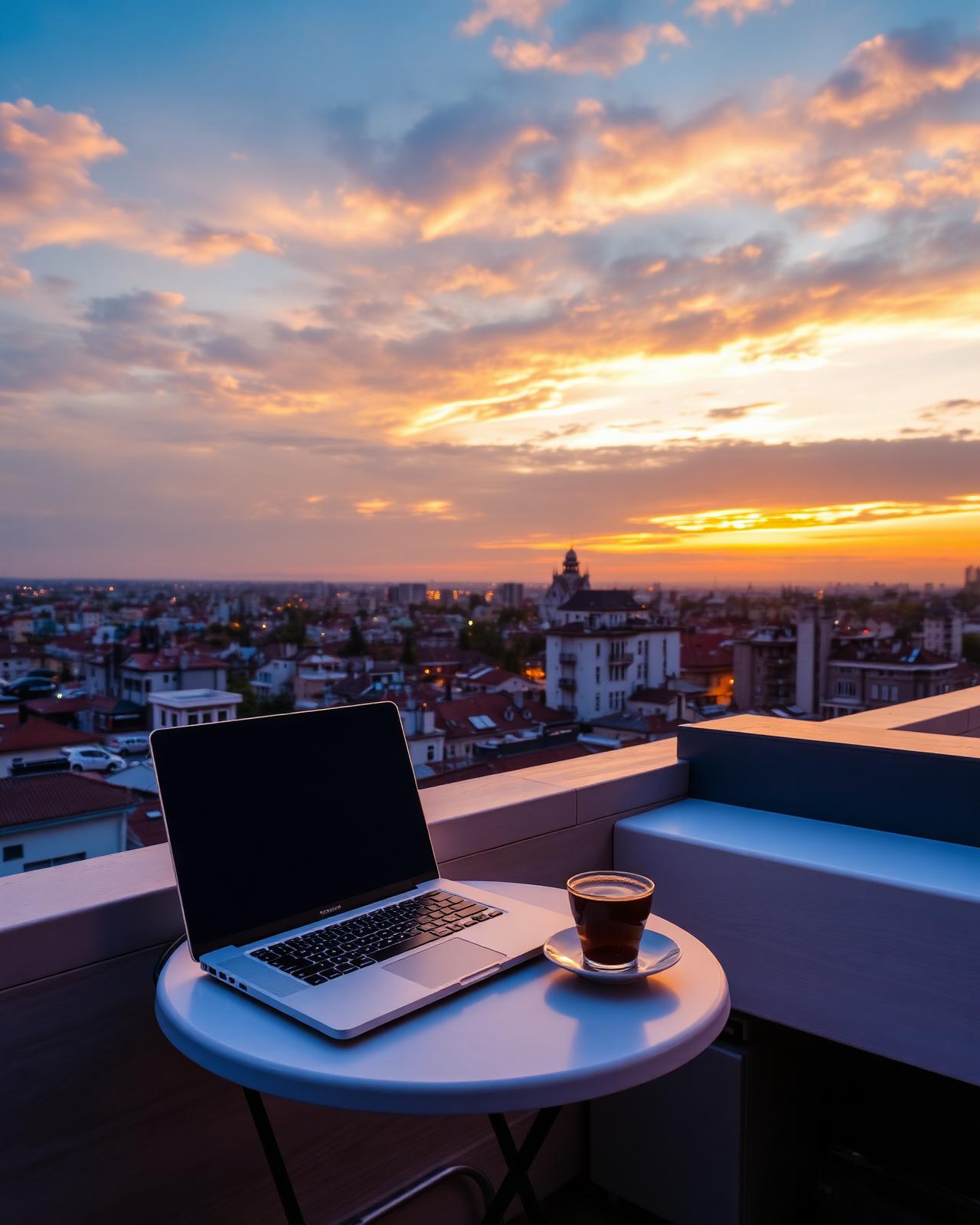 Rooftop workspace at sunset