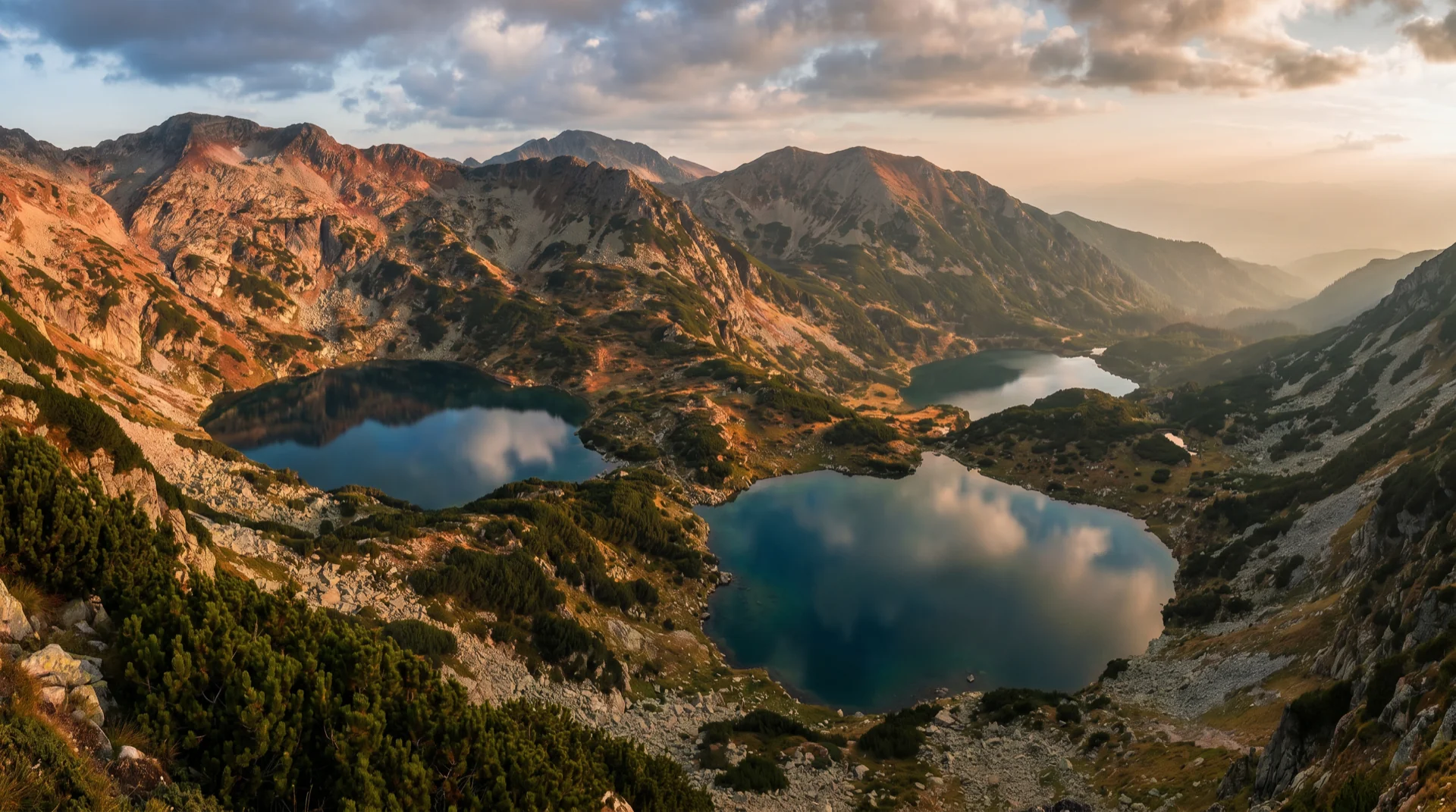 Aerial of Pirin mountains at sunrise with glacial lake