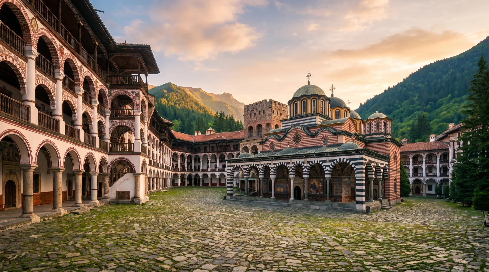 Mountain monastery emerging from fog