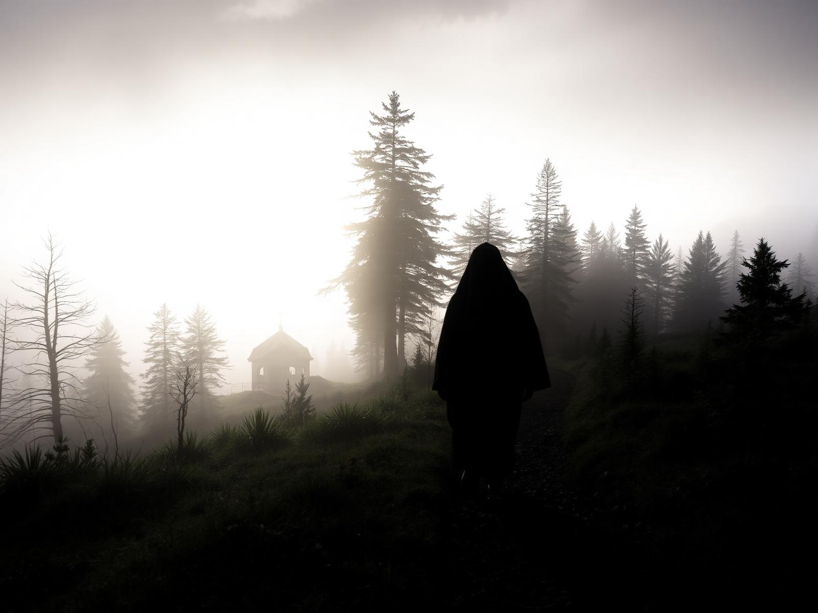 Pilgrim walking through misty forest