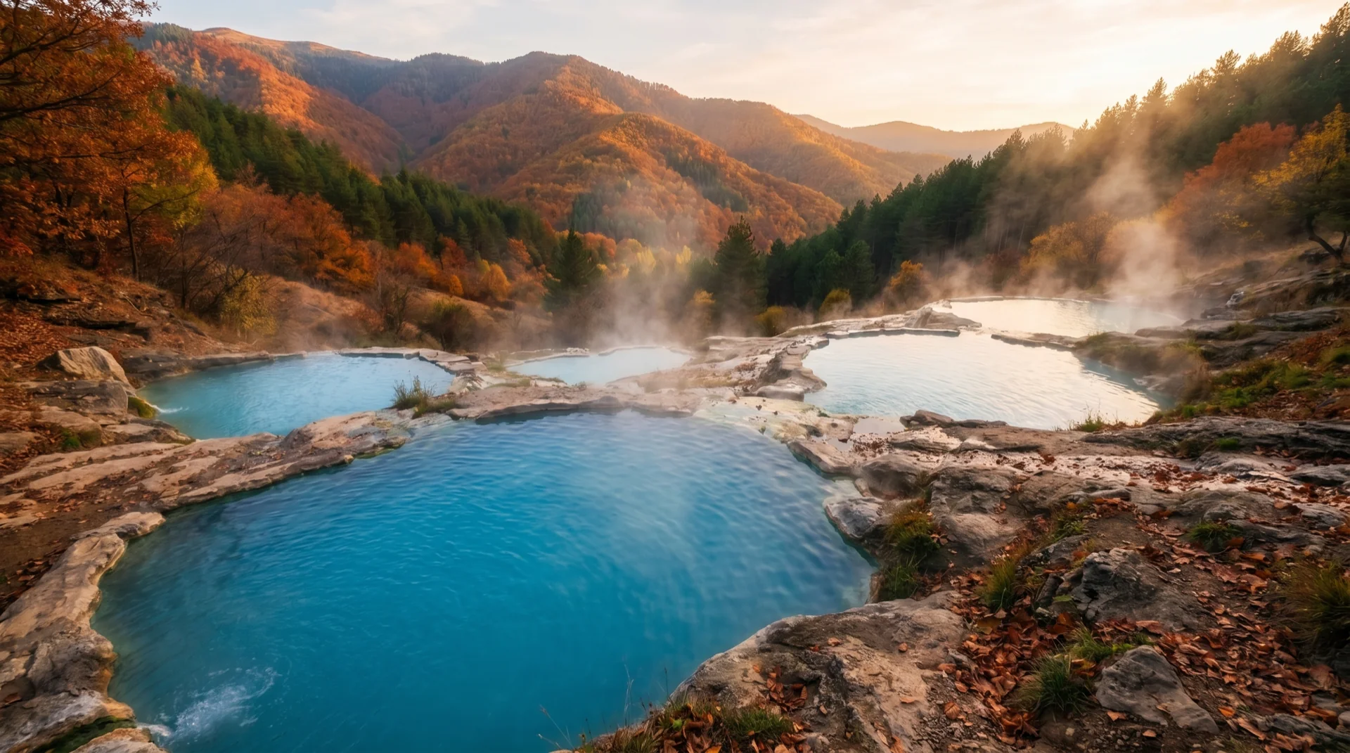 Thermal pool with steam, snowy mountains