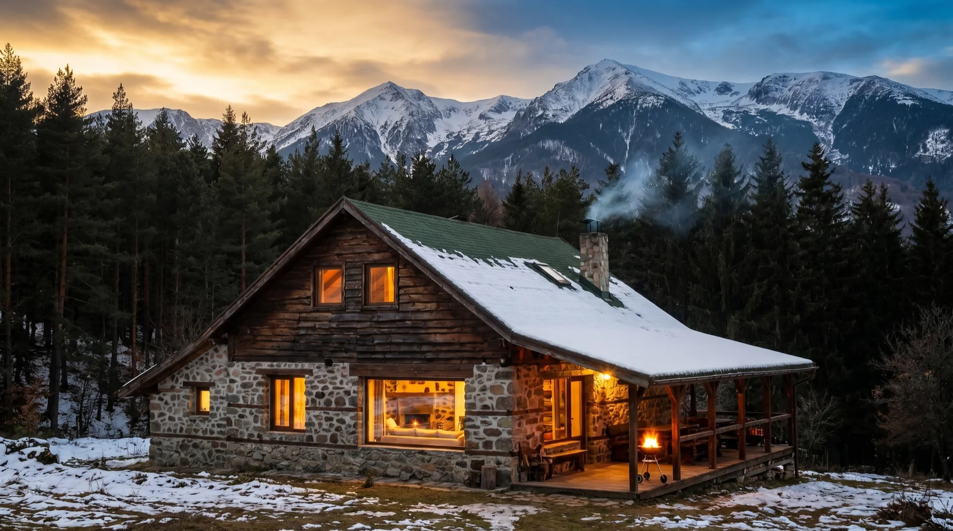 Cinematic mountain cabin at dusk in Bulgaria