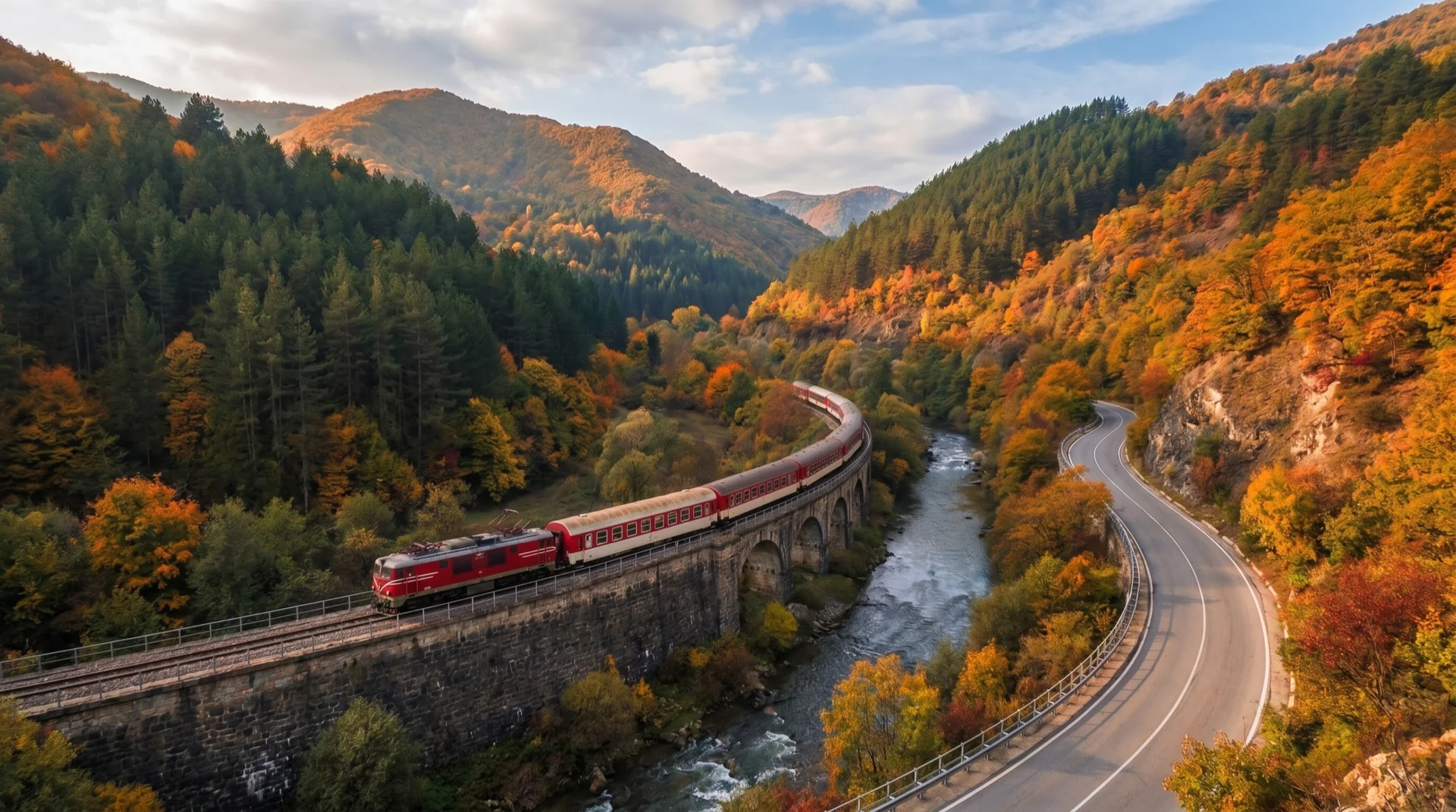 Vintage train crossing a stone viaduct in foggy Bulgarian mountains