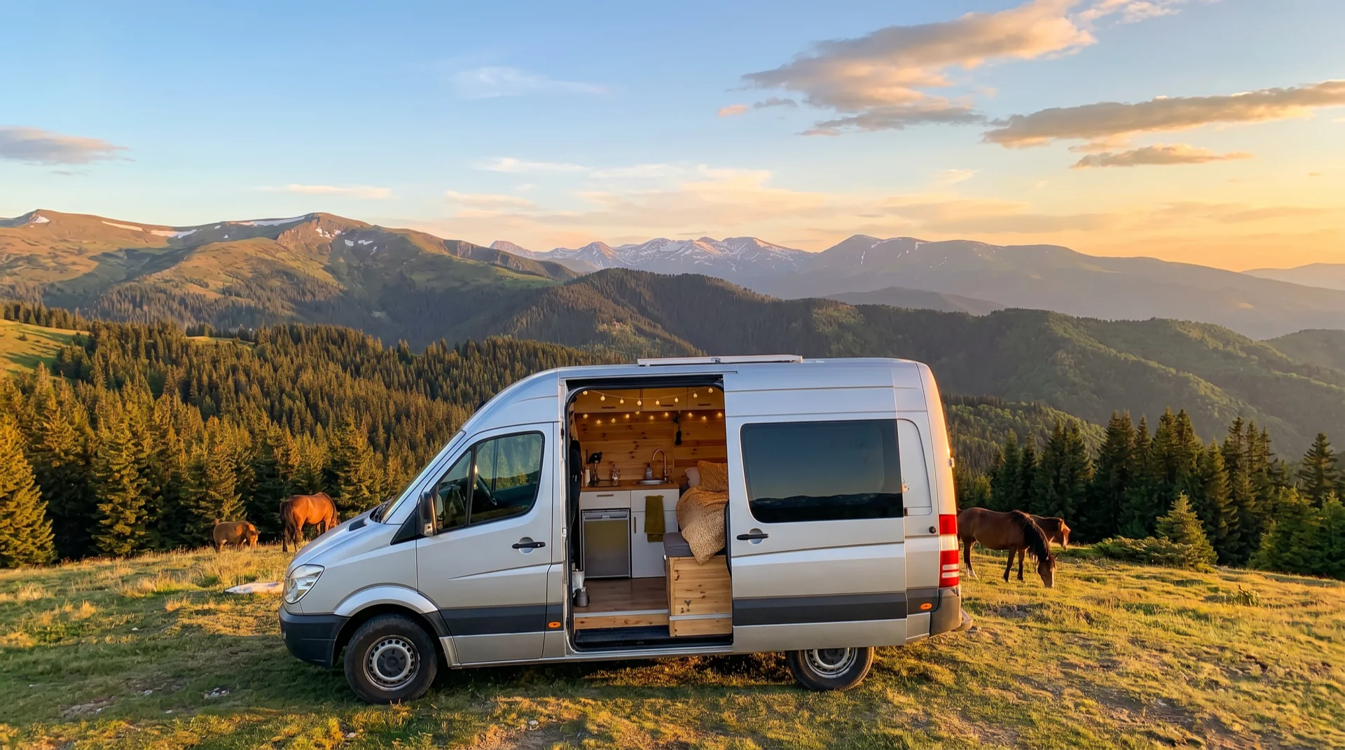 Camper van on Bulgarian mountain road at sunset