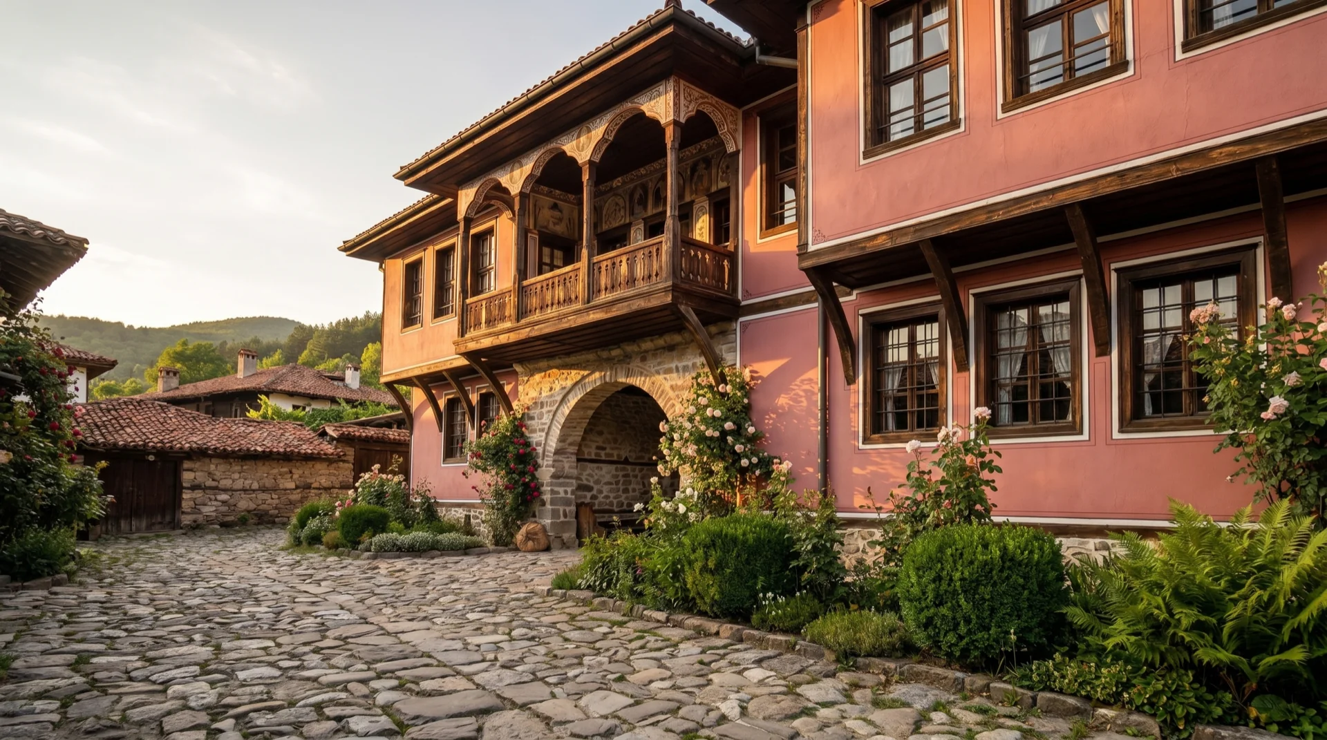 Misty Bulgarian mountain village at sunrise