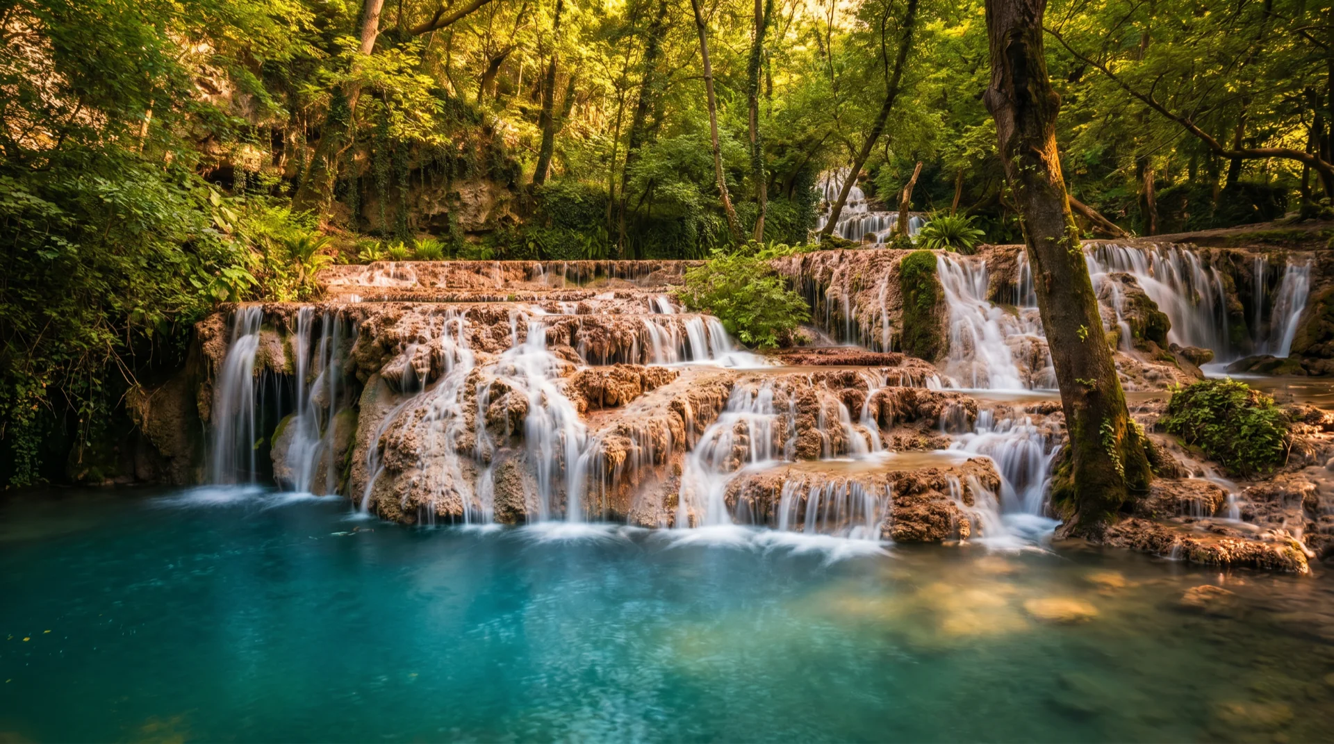 Cinematic Bulgarian waterfall at dawn