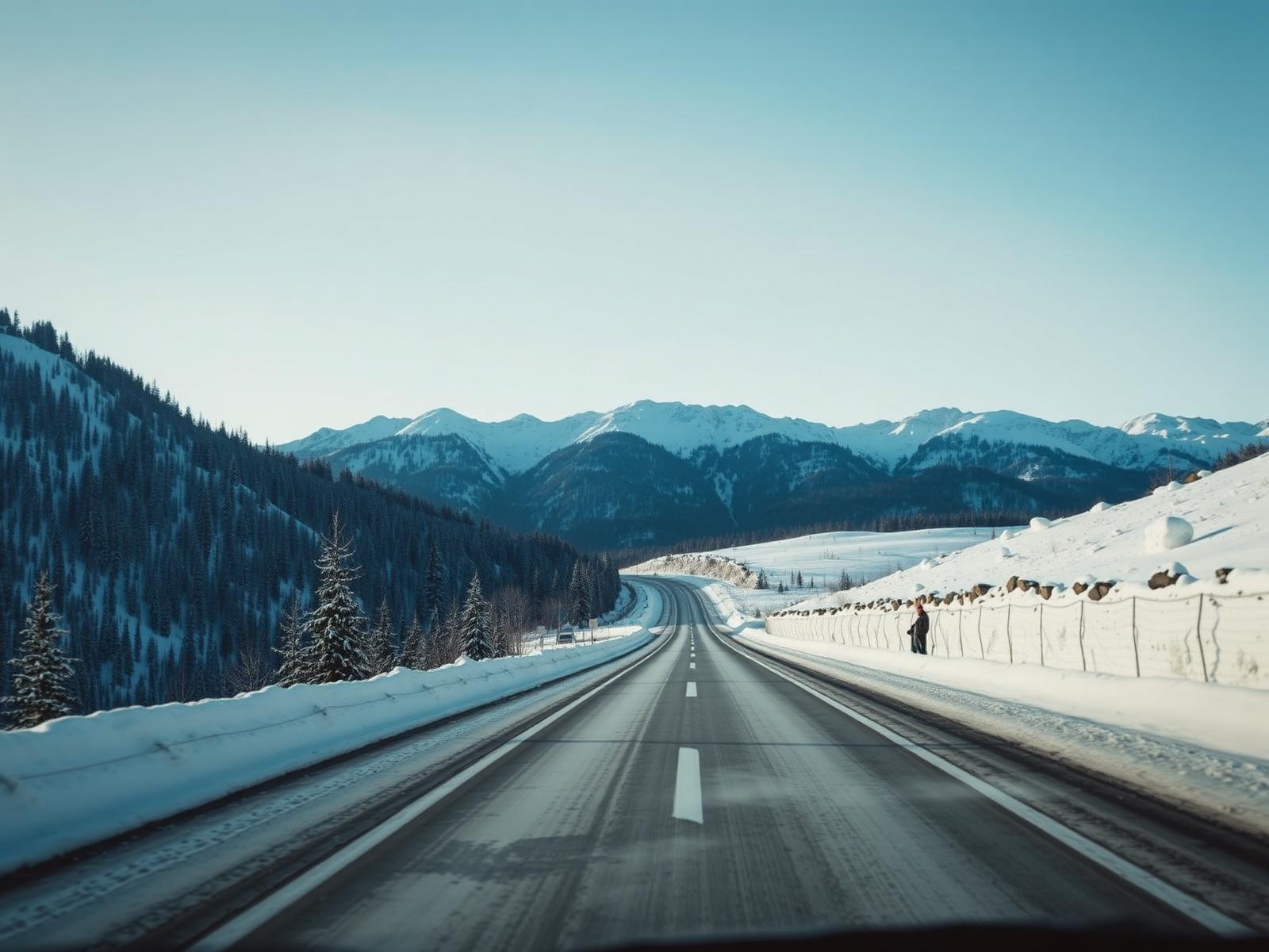Snowy mountain road in Bulgaria
