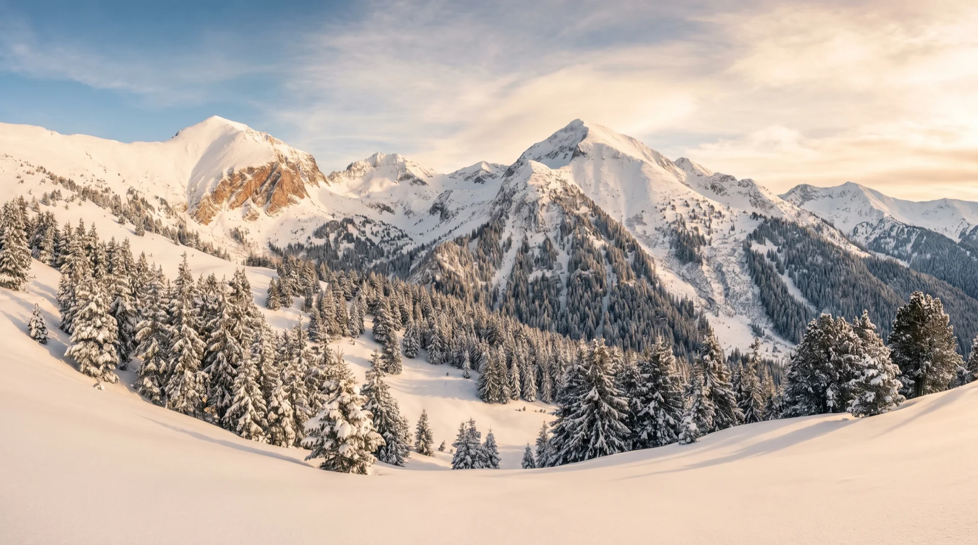 Snow-covered Pirin ridges at golden hour